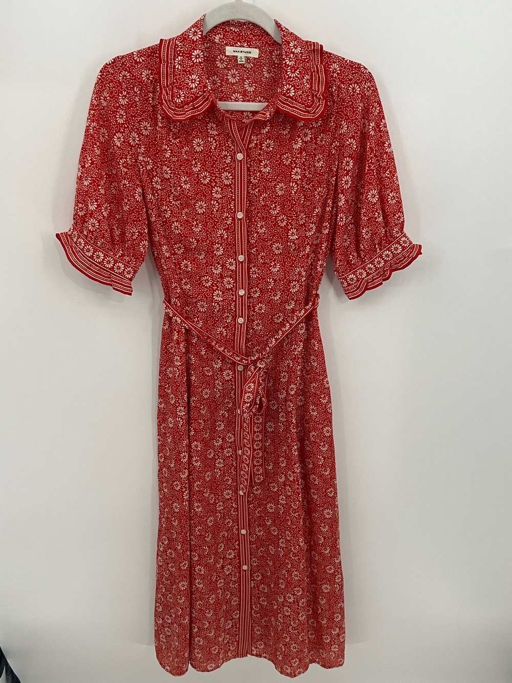 Max Studio Red Floral Button-Front Midi Dress with Tie Waist
